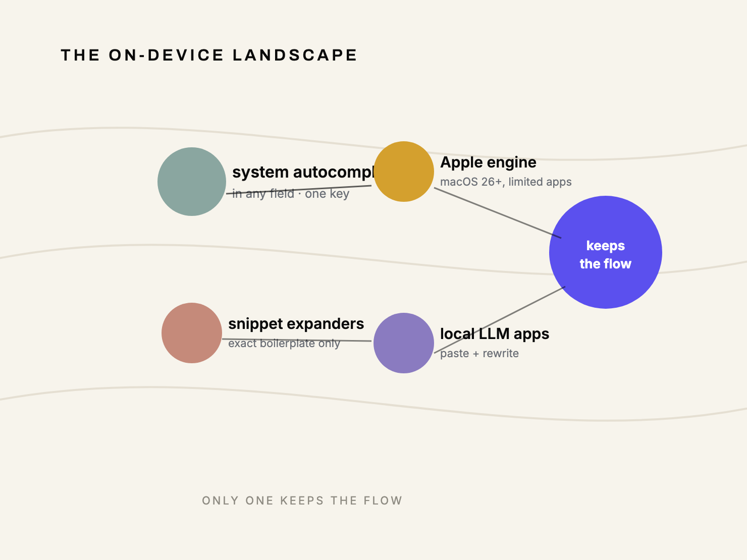 Map-style diagram of the on-device landscape: system autocomplete, Apple engine, snippet expanders, and local LLM apps, with one node highlighted.