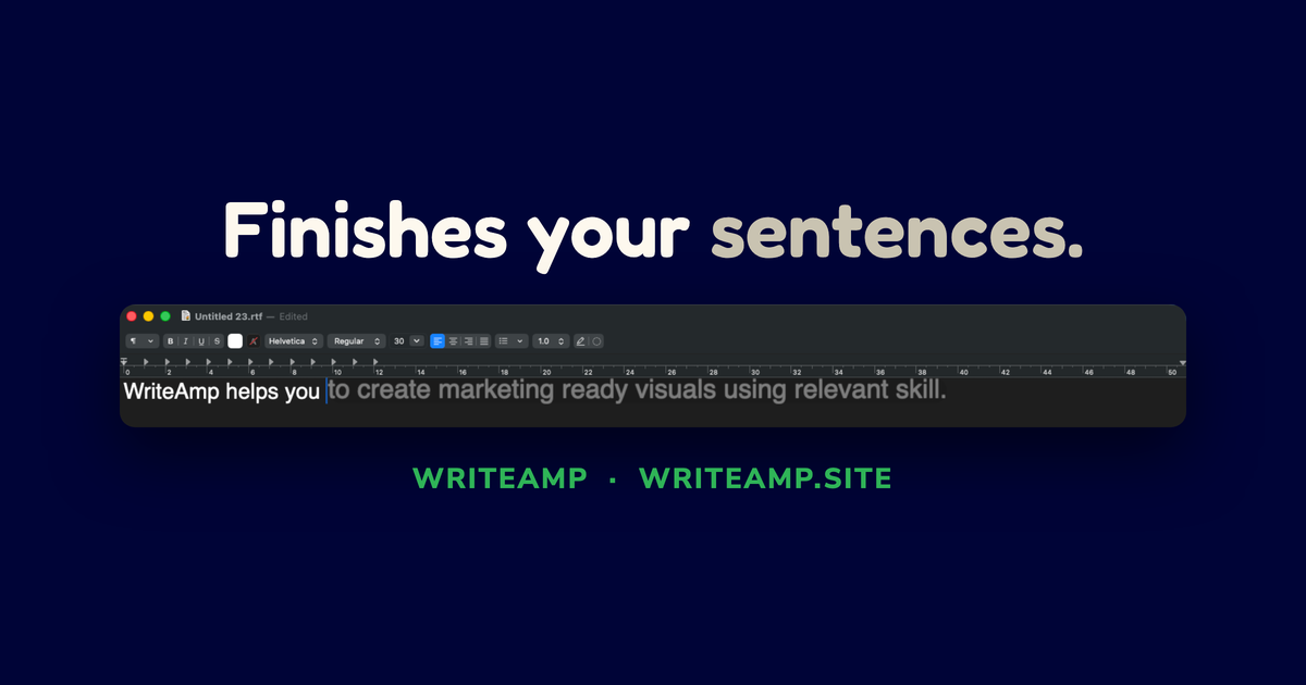 Dark card reading Finishes your sentences, above a live ghost-text suggestion