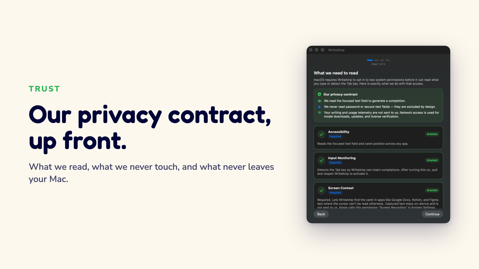 Card reading Private by design beside the Shortcuts and Privacy pane