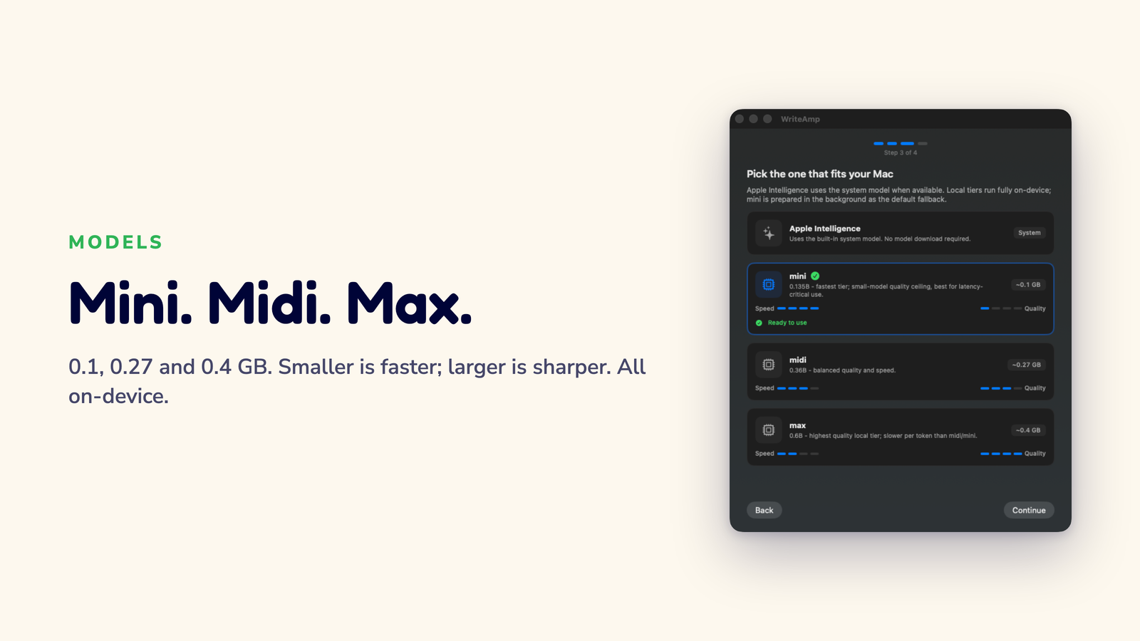 Card reading Mini. Midi. Max. beside the model picker