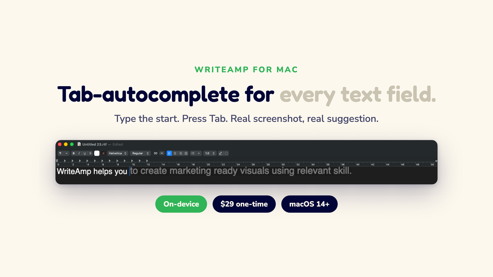 WriteAmp hero card: Tab-autocomplete for every text field, with a live suggestion